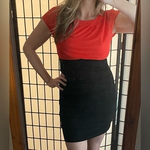 Mini Dress, red, black ruffle layered skirt